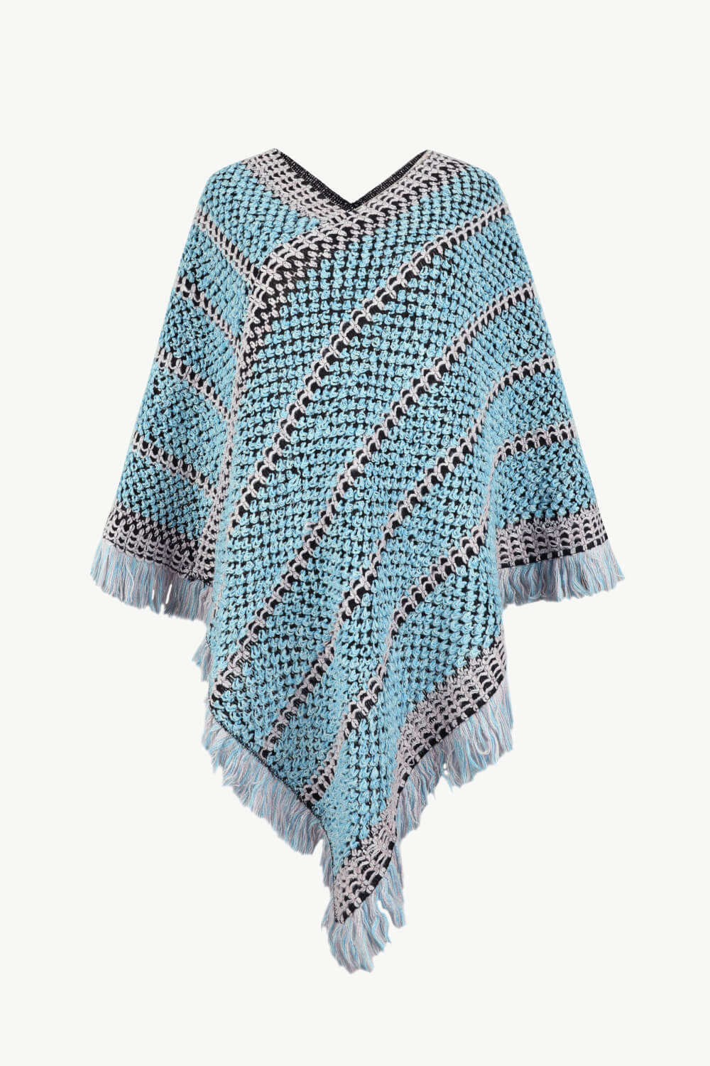 V-Neck Fringe Hem Poncho - OCEANE