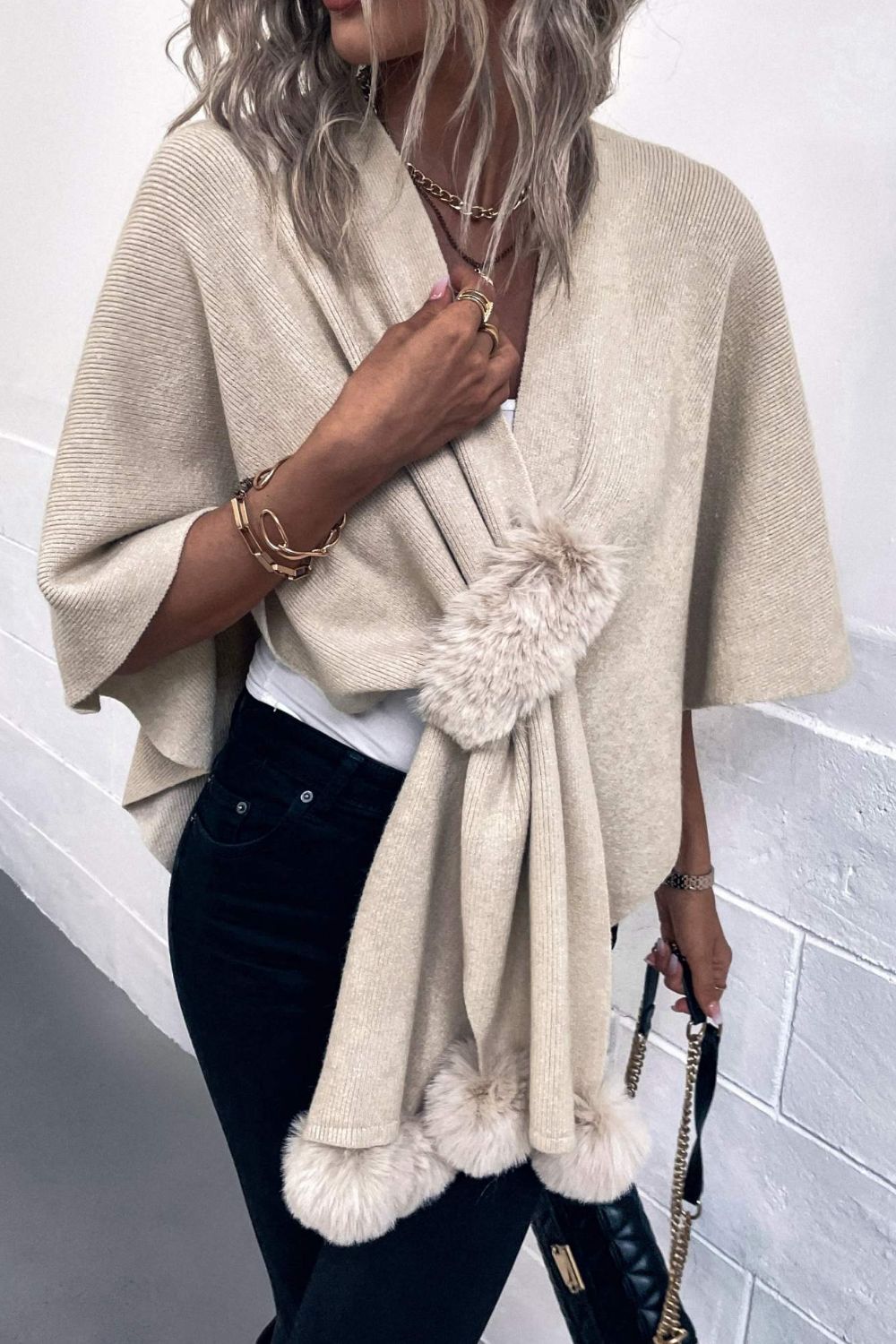 Surplice Neck Pom-Pom Trim Poncho - OCEANE