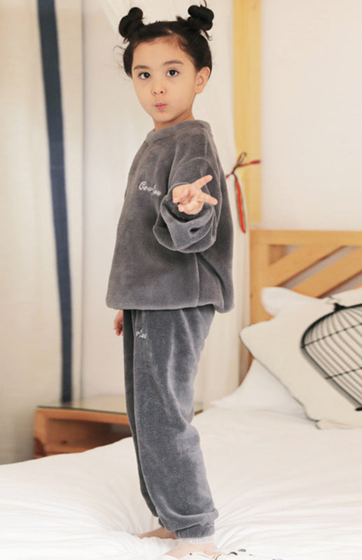 Children'S Embroidered Coral Fleece Pajama Set in pink, grey, brown