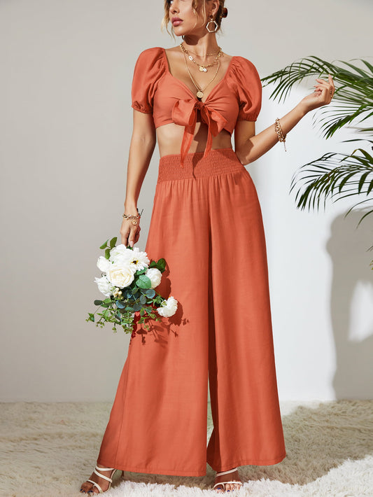Tie Front Cropped Top and Smocked Wide Leg Pants Set - OCEANE