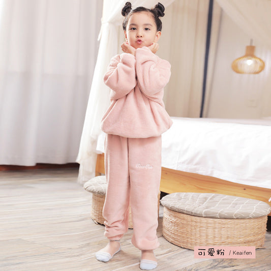 Children'S Embroidered Coral Fleece Pajama Set in pink, grey, brown