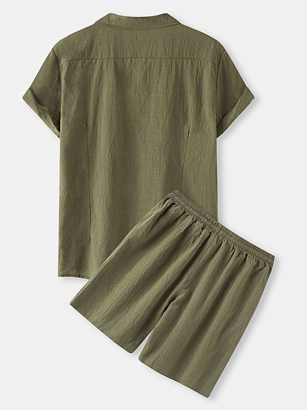 Men's Solid Color Linen Short Sleeve With Matching Shorts Pajamas - OCEANE