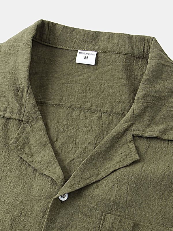 Men's Solid Color Linen Short Sleeve With Matching Shorts Pajamas - OCEANE