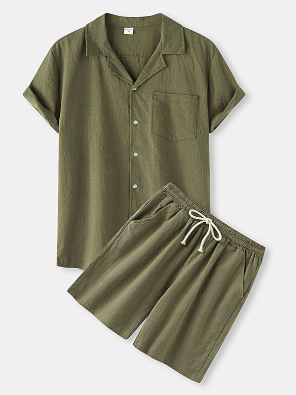 Men's Solid Color Linen Short Sleeve With Matching Shorts Pajamas - OCEANE