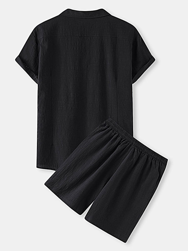Men's Solid Color Linen Short Sleeve With Matching Shorts Pajamas - OCEANE