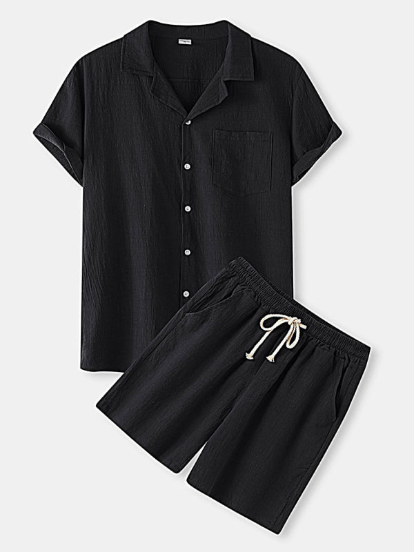 Men's Solid Color Linen Short Sleeve With Matching Shorts Pajamas - OCEANE