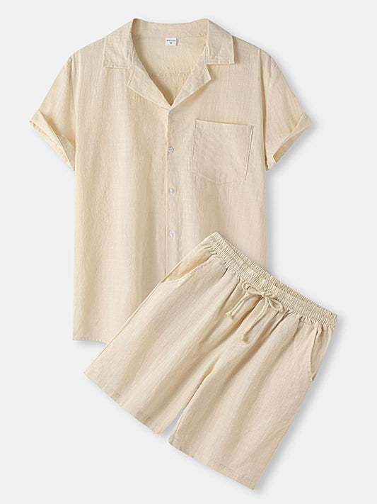 Men's Solid Color Linen Short Sleeve With Matching Shorts Pajamas - OCEANE