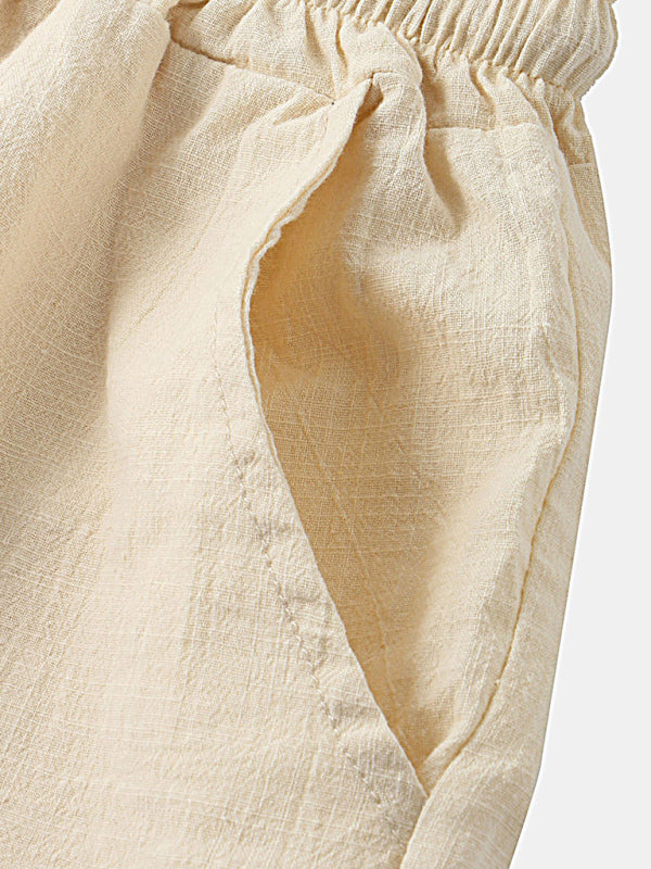 Men's Solid Color Linen Short Sleeve With Matching Shorts Pajamas - OCEANE