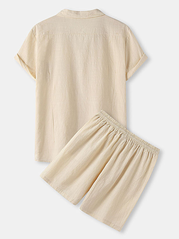 Men's Solid Color Linen Short Sleeve With Matching Shorts Pajamas - OCEANE