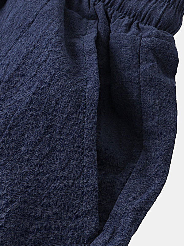 Men's Solid Color Linen Short Sleeve With Matching Shorts Pajamas - OCEANE
