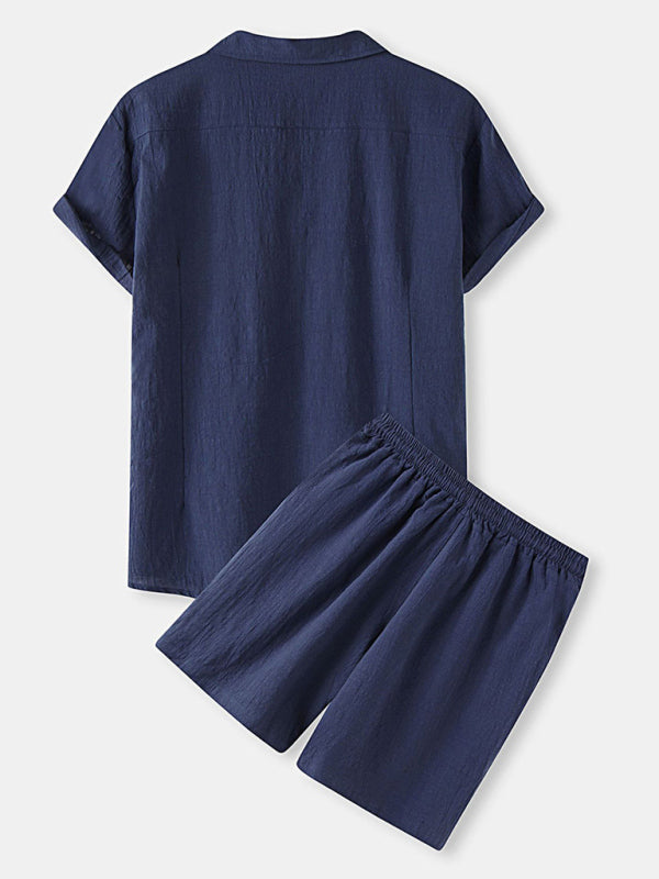 Men's Solid Color Linen Short Sleeve With Matching Shorts Pajamas - OCEANE