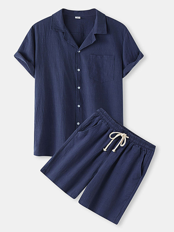 Men's Solid Color Linen Short Sleeve With Matching Shorts Pajamas - OCEANE
