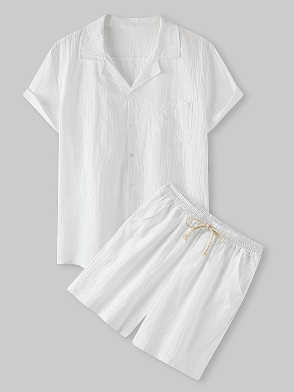 Men's Solid Color Linen Short Sleeve With Matching Shorts Pajamas - OCEANE