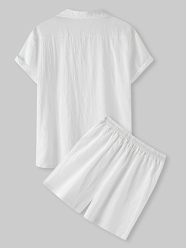 Men's Solid Color Linen Short Sleeve With Matching Shorts Pajamas - OCEANE