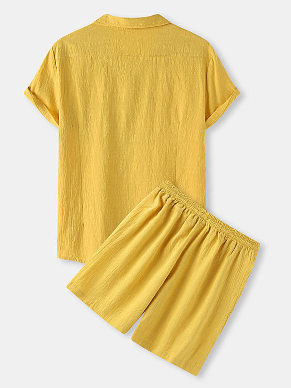 Men's Solid Color Linen Short Sleeve With Matching Shorts Pajamas - OCEANE