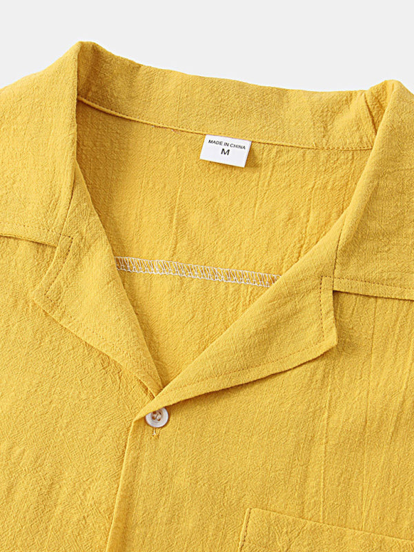 Men's Solid Color Linen Short Sleeve With Matching Shorts Pajamas - OCEANE