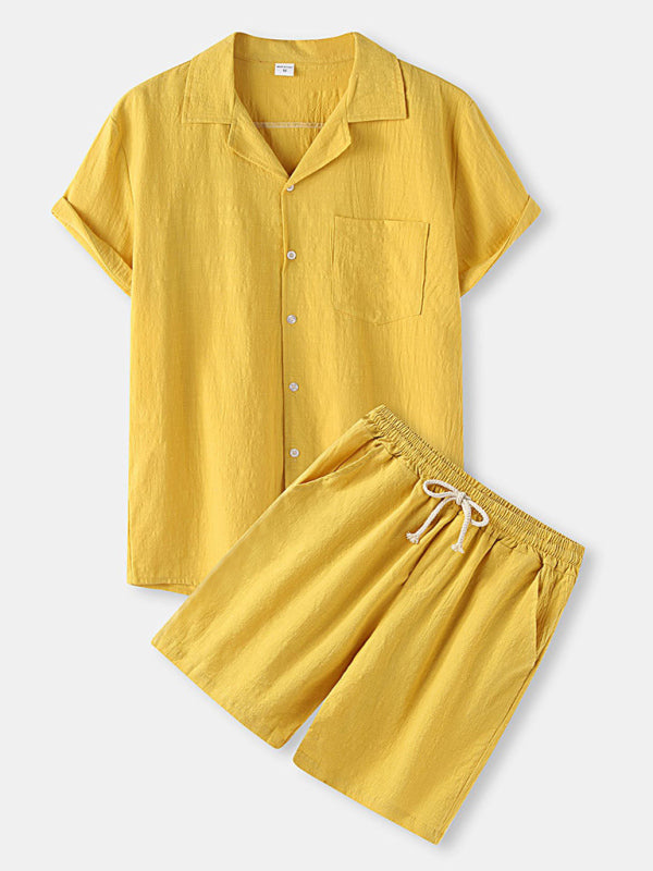 Men's Solid Color Linen Short Sleeve With Matching Shorts Pajamas - OCEANE