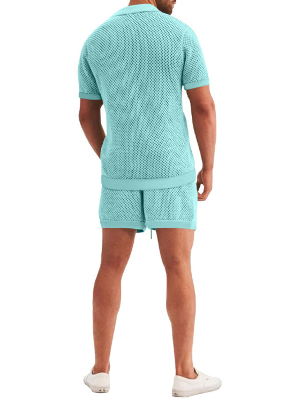 Short-sleeved shorts Knit lapel cardigan Short-sleeved men's suit