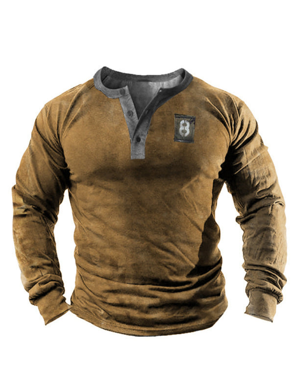 printed henley long-sleeved casual shirt for men