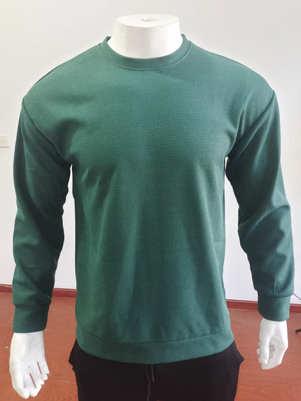 New men's long john solid color waffle thin round neck long-sleeved shirt