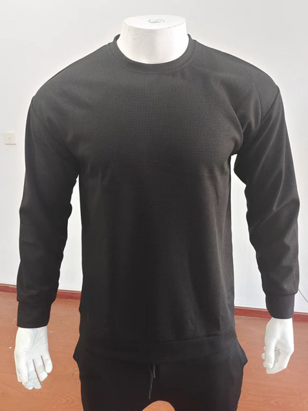 New men's long john solid color waffle thin round neck long-sleeved shirt