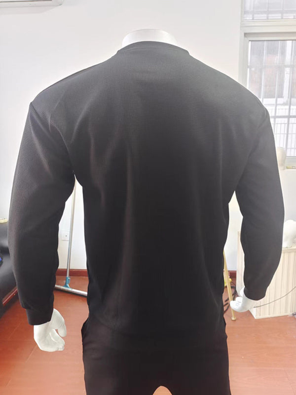 New men's long john solid color waffle thin round neck long-sleeved shirt