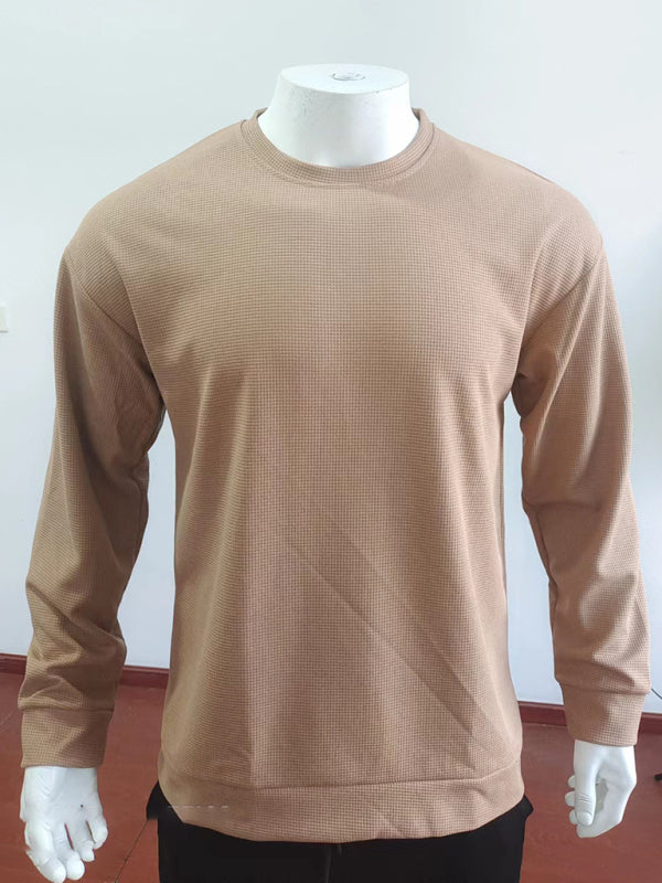 New men's long john solid color waffle thin round neck long-sleeved shirt