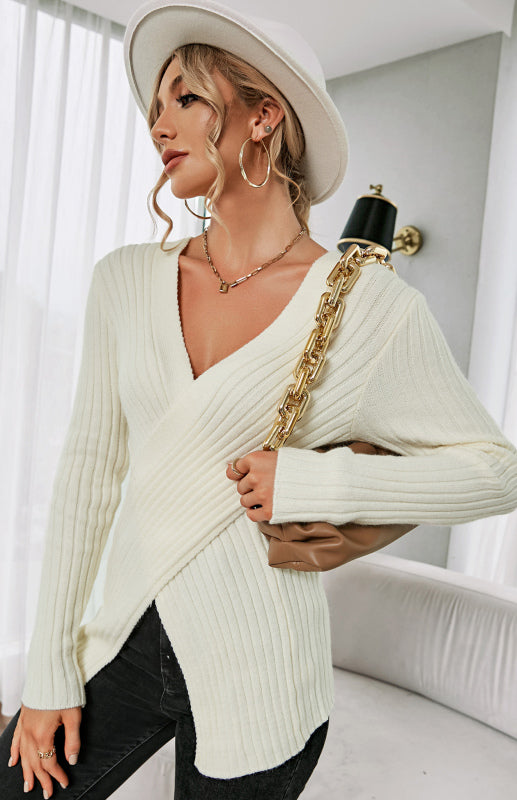 Women's V-Neck Pullover Cross Sweater~4 colors!
