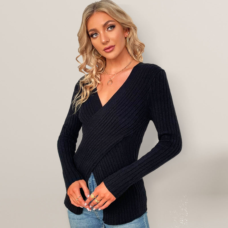 Women's V-Neck Pullover Cross Sweater~4 colors!