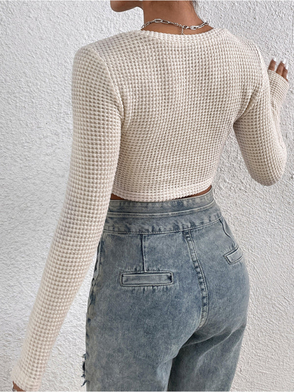 Women's hollow tight -fitting sexy  waffle V -neck long sleeve shirt