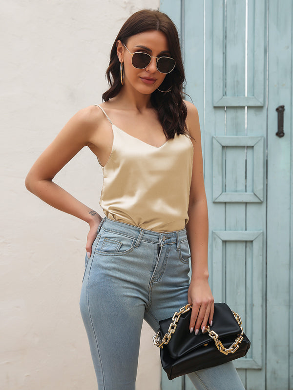 Women's Satin imitation silk V-neck strappy tank