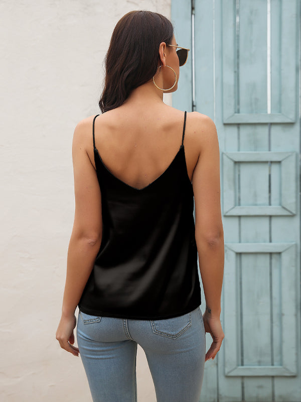 Women's Satin imitation silk V-neck strappy tank