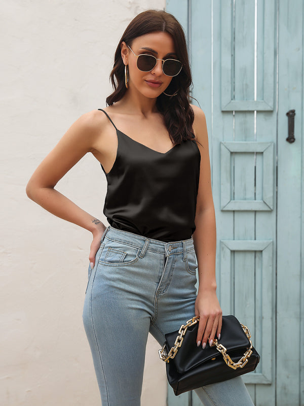 Women's Satin imitation silk V-neck strappy tank