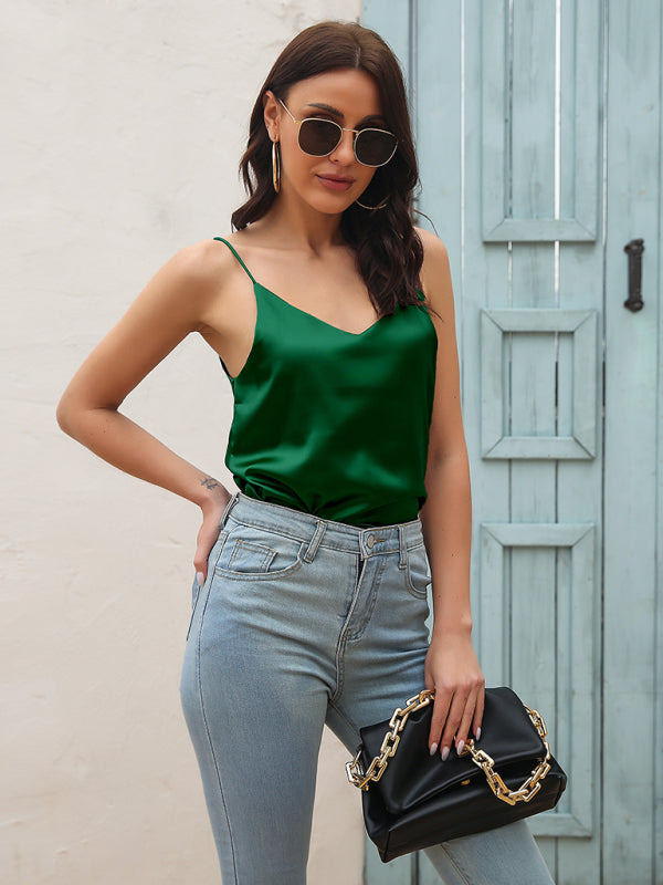 Women's Satin imitation silk V-neck strappy tank