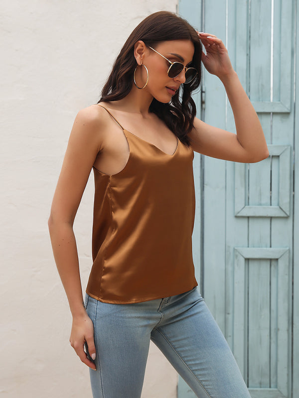 Women's Satin imitation silk V-neck strappy tank