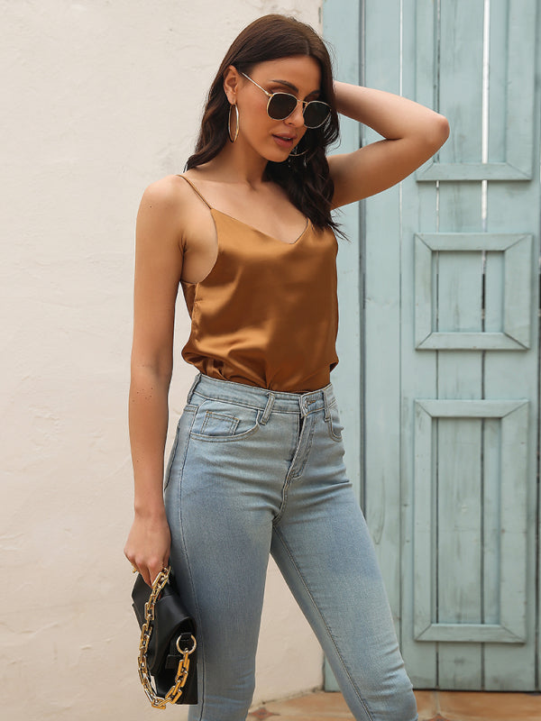 Women's Satin imitation silk V-neck strappy tank