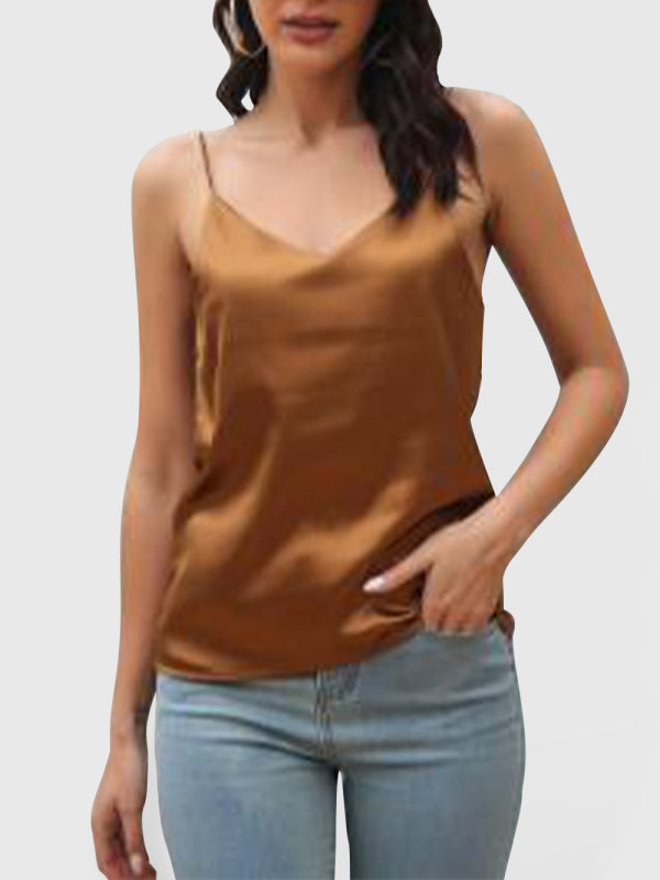 Women's Satin imitation silk V-neck strappy tank