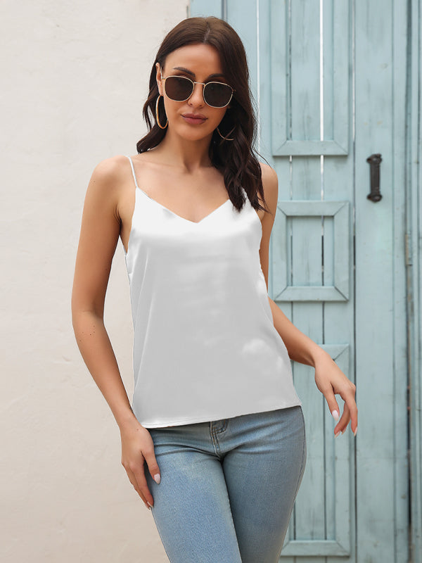 Women's Satin imitation silk V-neck strappy tank
