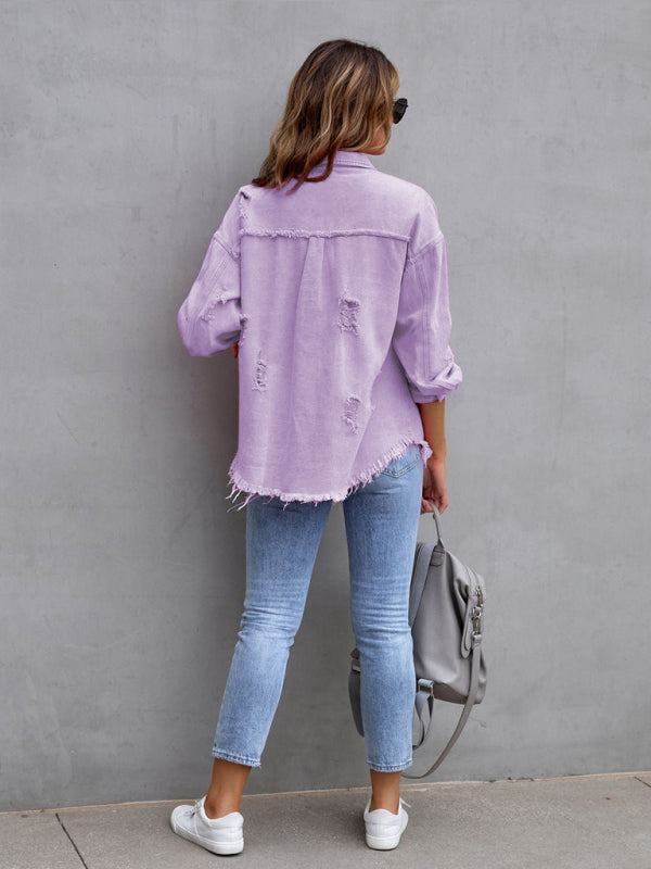Women’s Solid Color Distressed Denim Jean Jacket ORANGE, PINK, PURPLE
