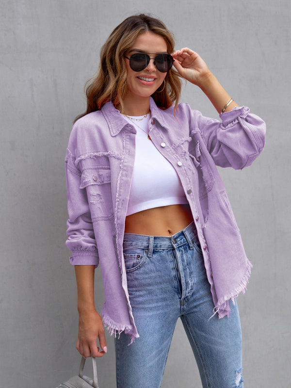 Women’s Solid Color Distressed Denim Jean Jacket ORANGE, PINK, PURPLE