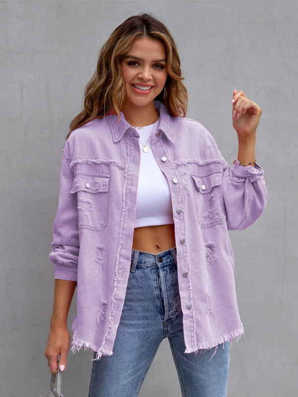 Women’s Solid Color Distressed Denim Jean Jacket ORANGE, PINK, PURPLE