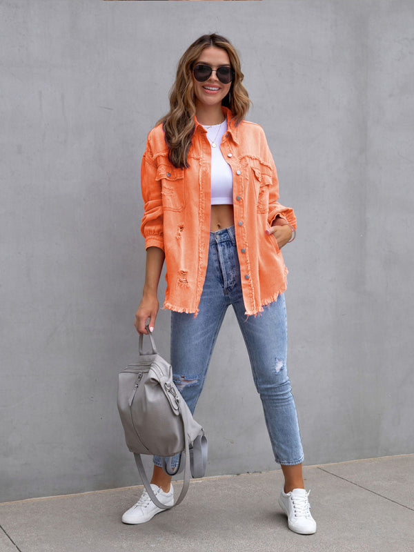 Women’s Solid Color Distressed Denim Jean Jacket ORANGE, PINK, PURPLE