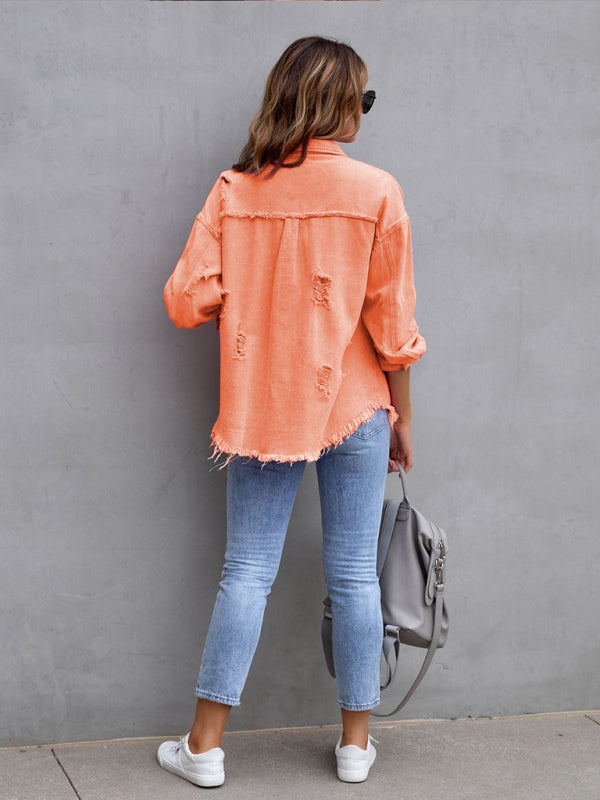 Women’s Solid Color Distressed Denim Jean Jacket ORANGE, PINK, PURPLE
