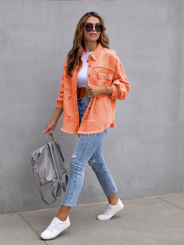 Women’s Solid Color Distressed Denim Jean Jacket ORANGE, PINK, PURPLE