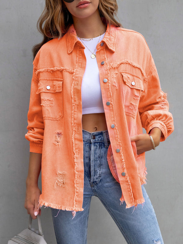 Women’s Solid Color Distressed Denim Jean Jacket ORANGE, PINK, PURPLE