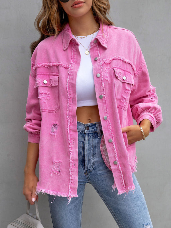 Women’s Solid Color Distressed Denim Jean Jacket ORANGE, PINK, PURPLE
