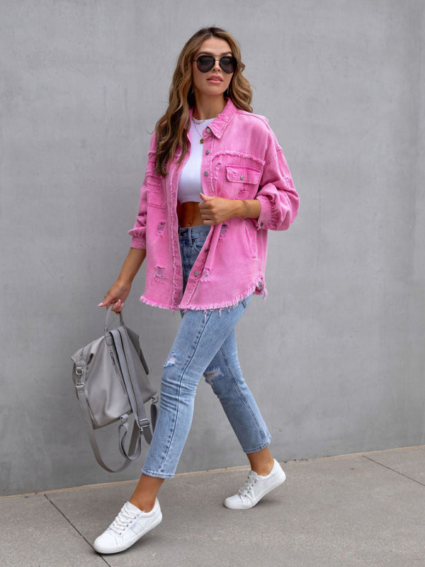 Women’s Solid Color Distressed Denim Jean Jacket ORANGE, PINK, PURPLE