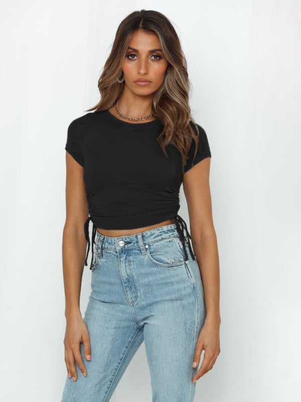 Fashion sexy pit strip navel short drawstring tie round neck short-sleeved T-shirt ~6 colors!