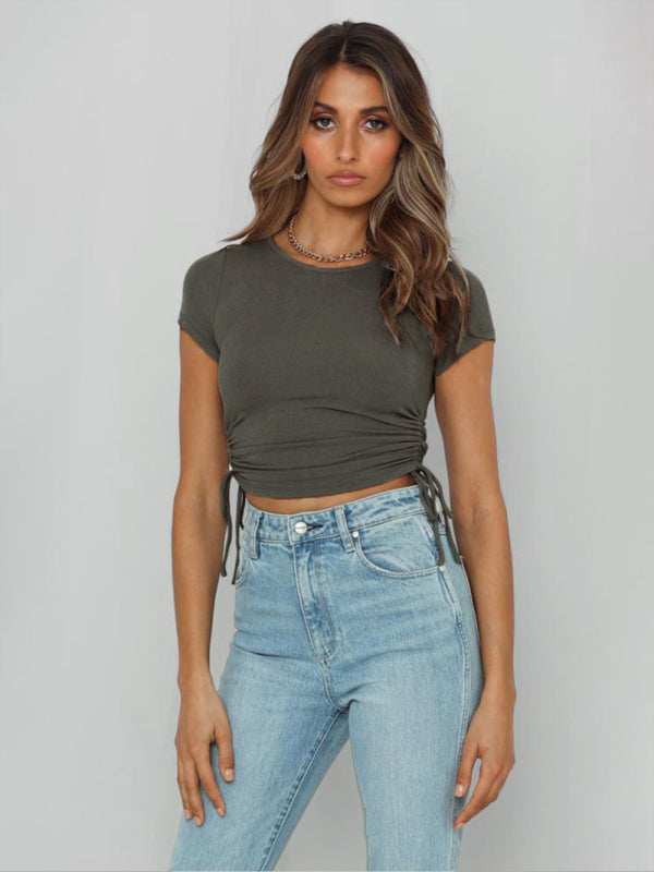 Fashion sexy pit strip navel short drawstring tie round neck short-sleeved T-shirt ~6 colors!
