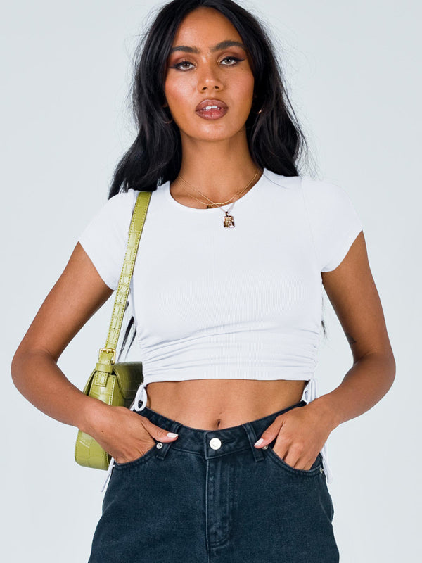 Fashion sexy pit strip navel short drawstring tie round neck short-sleeved T-shirt ~6 colors!